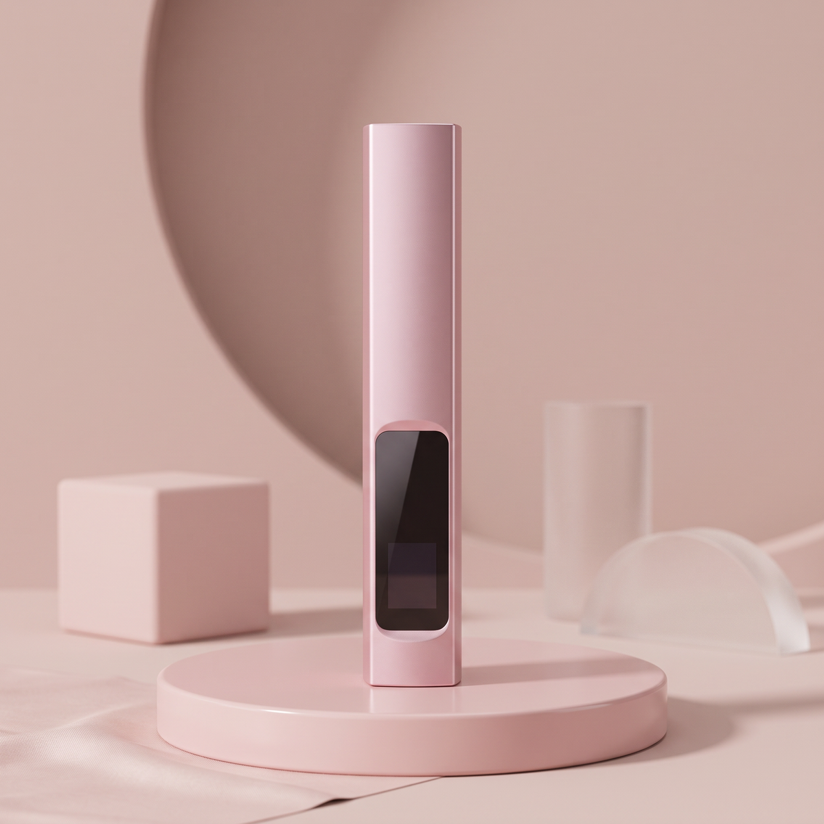Pink handheld LED nail lamp on a pastel pink podium